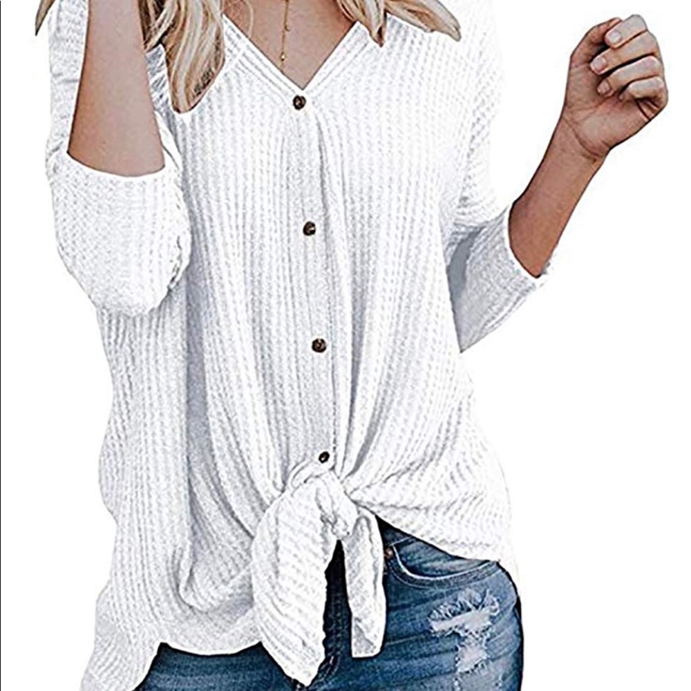 White waffle knit tunic blouse
